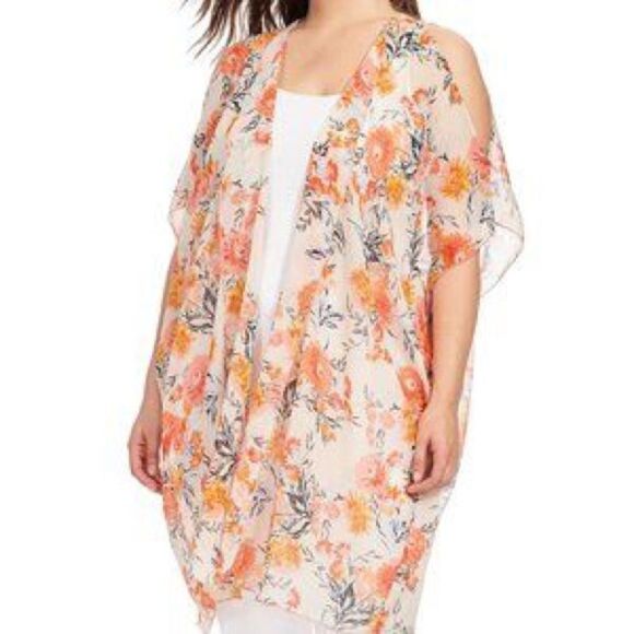 American Rag Chiffon Geranium Floral Cold Shoulder Open Front Kimono Cover Up 1X - Picture 2 of 11